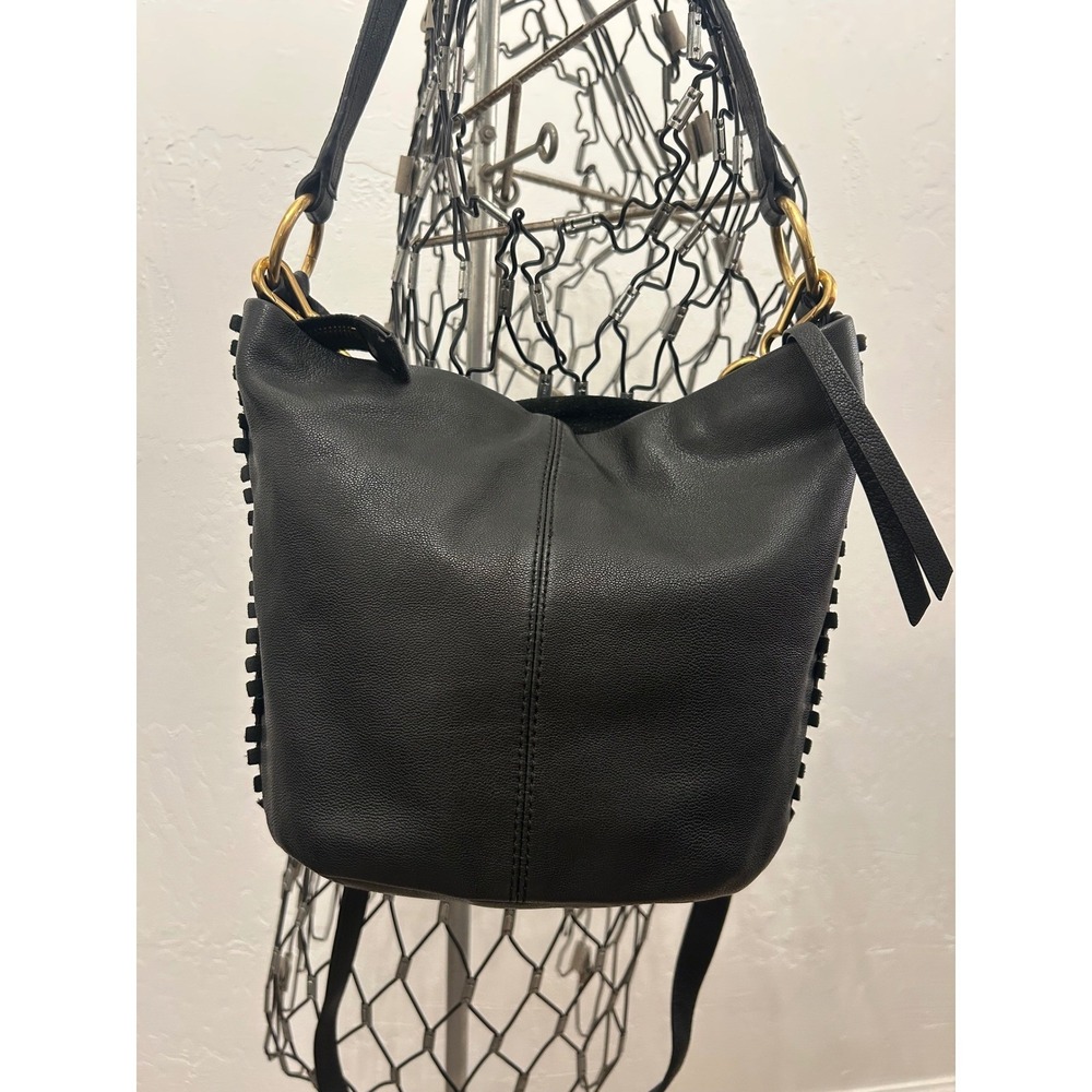 Vince Camuto Black Leather Suede Hobo Bag Whipstitch Shoulder Bag/Crossbody